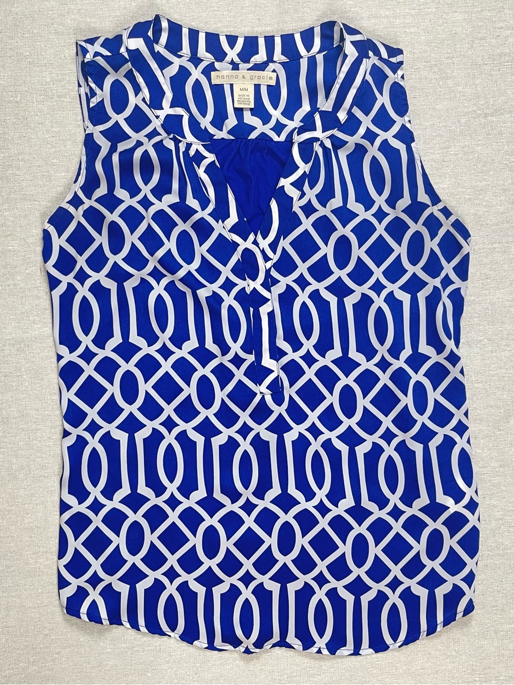 Hanna & Gracie | Sleeveless Blue and White Trellis Patterned Blouse | Medium
